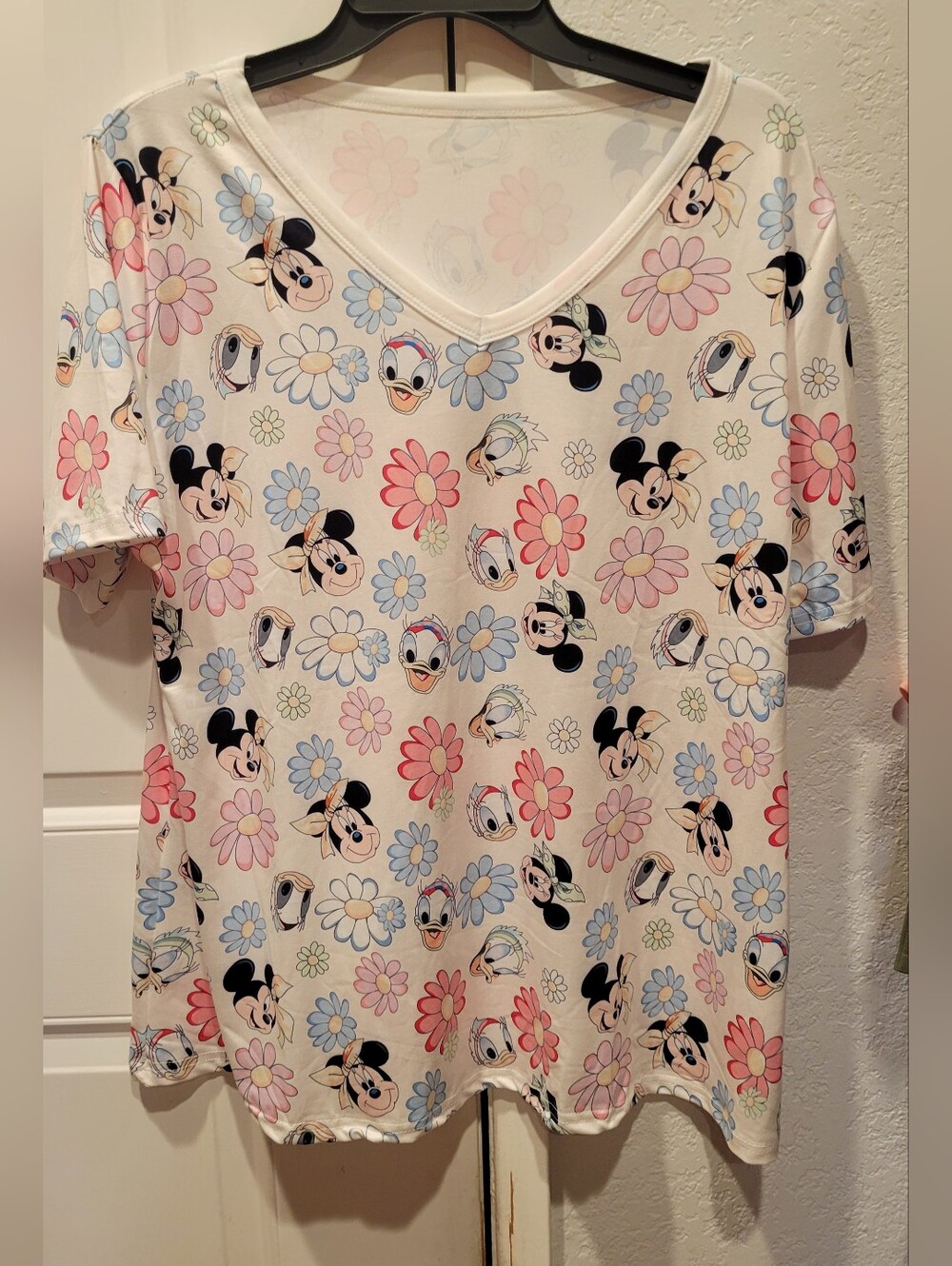 Pastel Floral V-Neck Tee in White with Pink & Blue Flowers